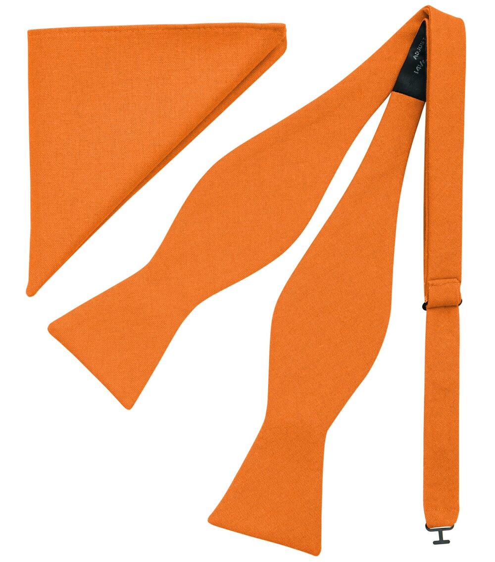6265 Pumpkin Orange Bow Tie and Pocket Square Tuexdo, Self-Tied Cotton